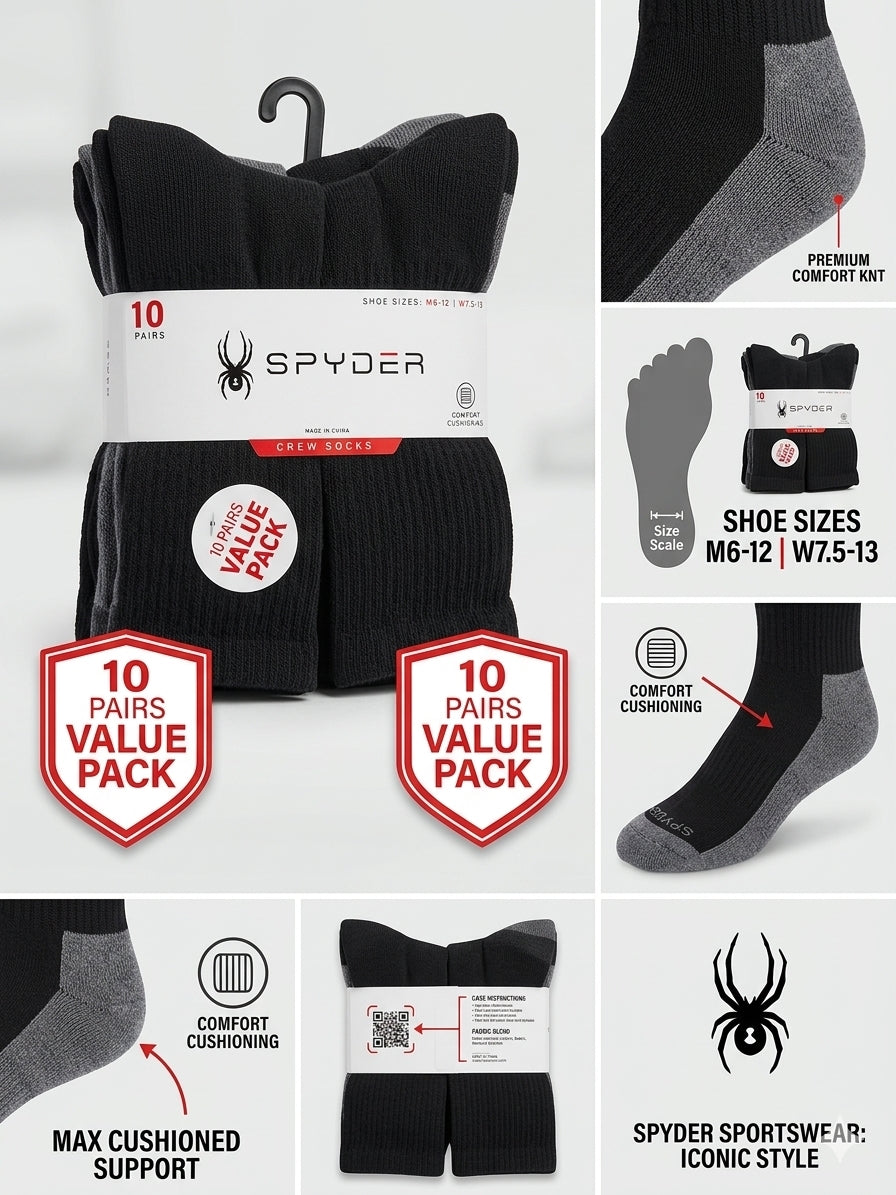 Paquete de 10 Pares de Calcetines Spyder Crew para Hombre y Mujer.