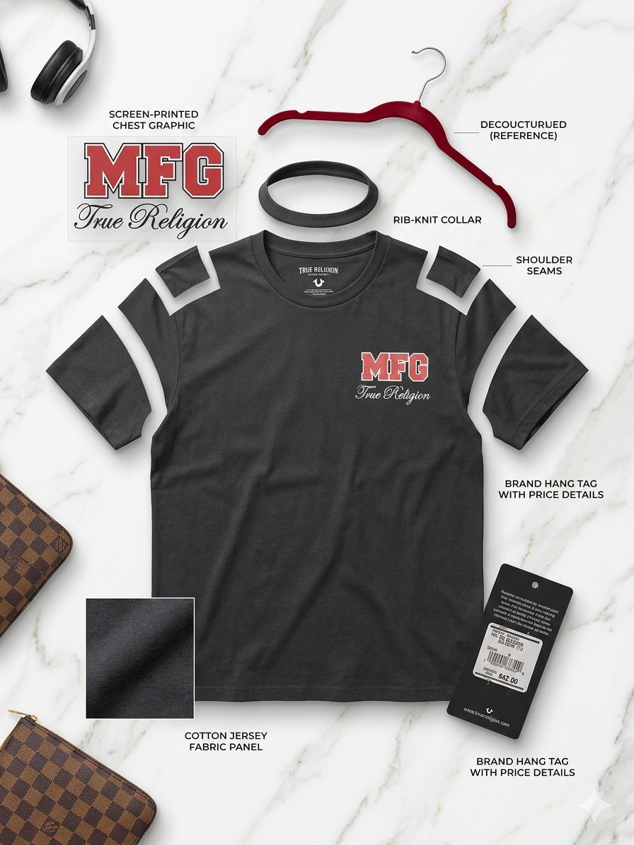 Camiseta True Religion Jet Black "TR MFG" con Estampado Gráfico