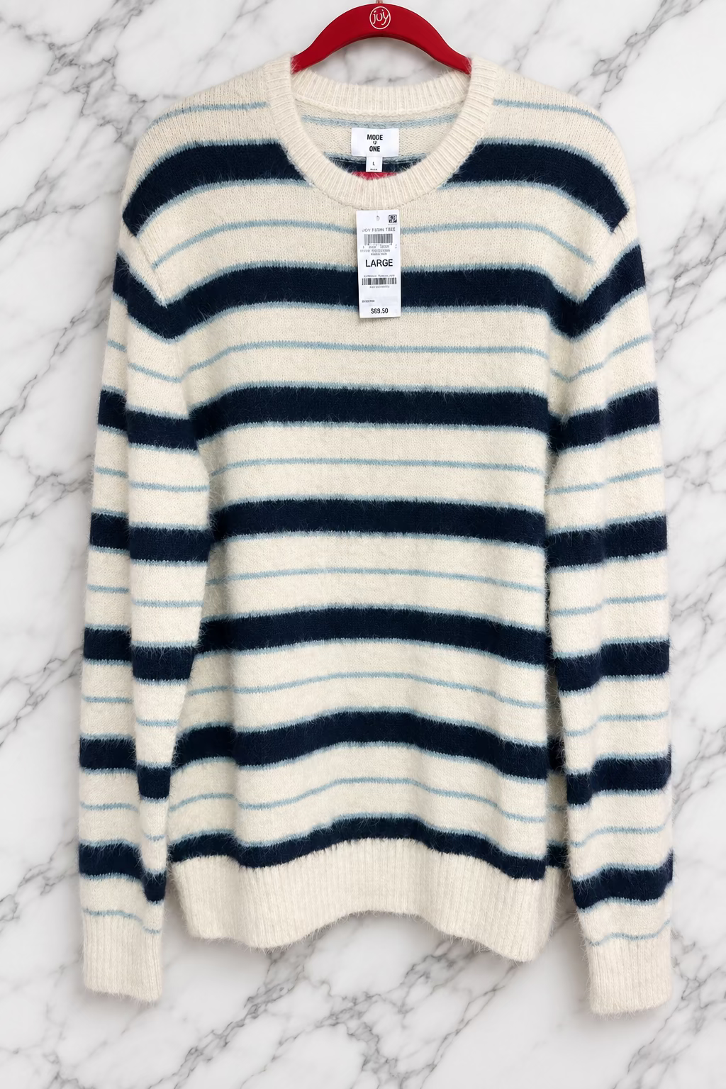 Suéter de Rayas Mode One para Hombre - Talla L - Crema y Azul Marino (Nuevo con Etiqueta)