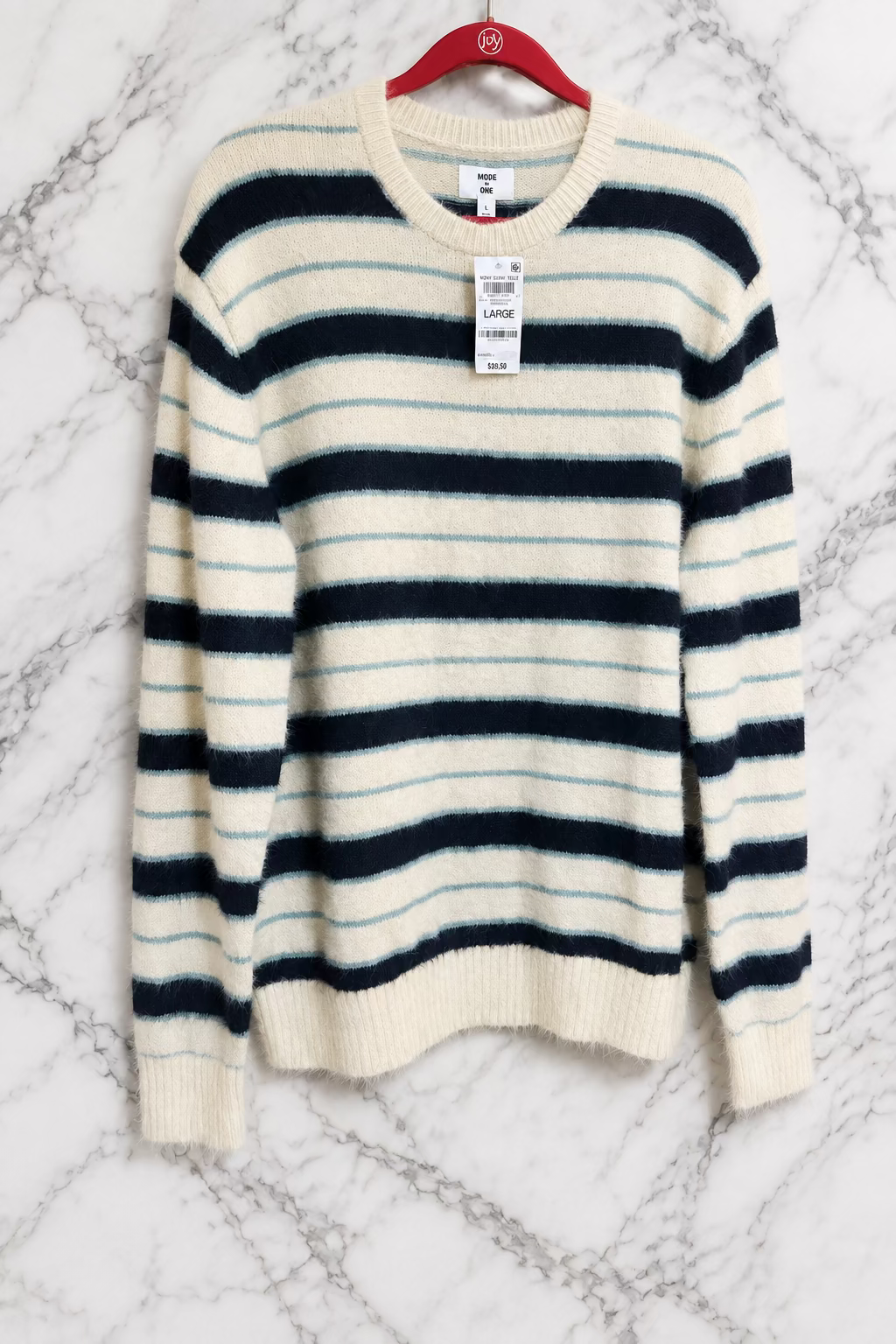Suéter de Rayas Mode One para Hombre - Talla L - Crema y Azul Marino (Nuevo con Etiqueta)
